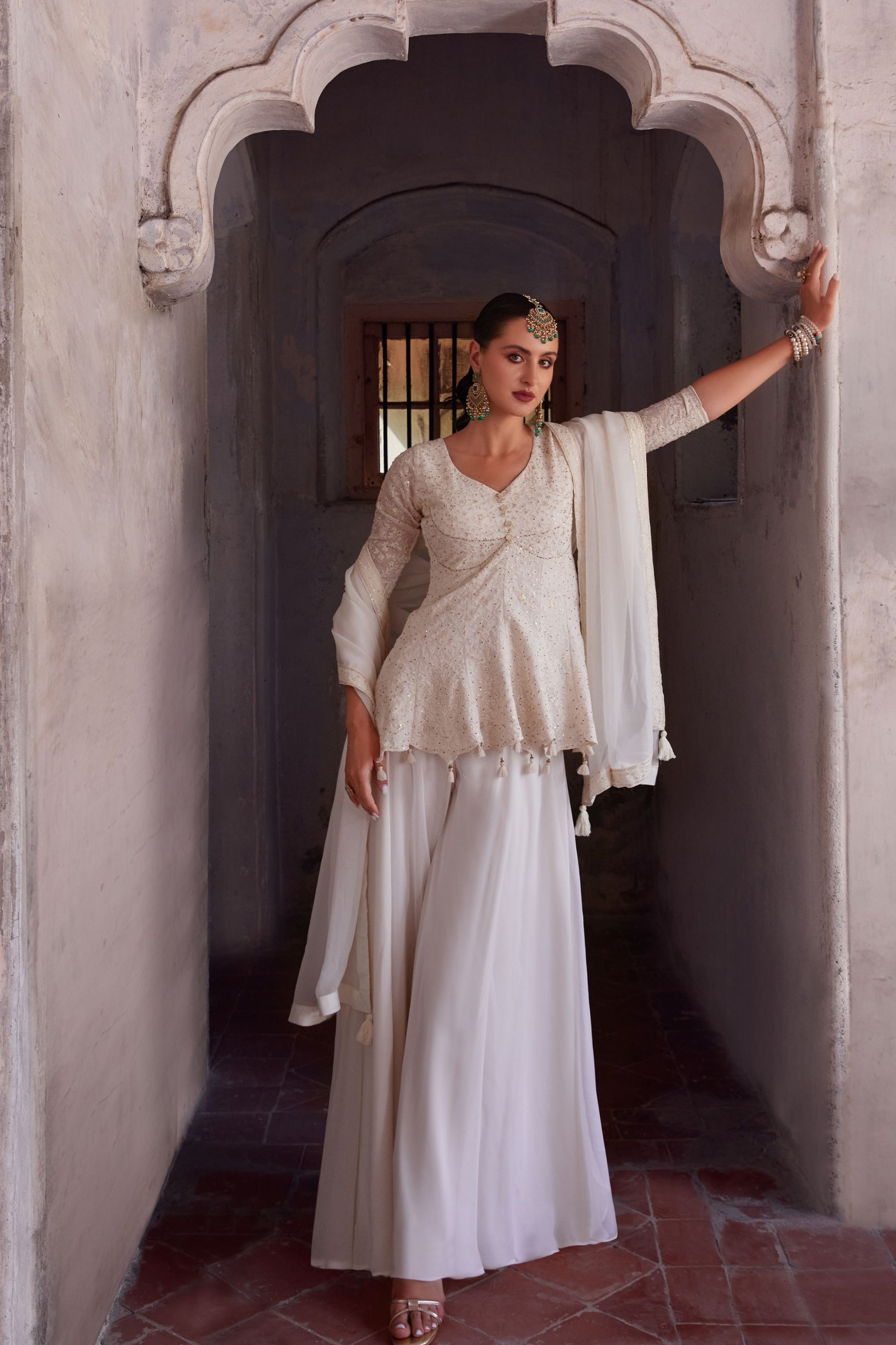 Off White Georgette Long Top Palazzo Suit For Indian Festivals & Weddings - Thread & Sequence Embroidery Work, Zari Work