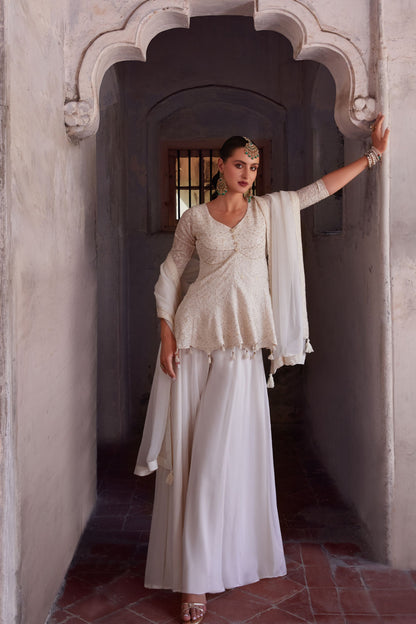 Off White Georgette Long Top Palazzo Suit For Indian Festivals & Weddings - Thread & Sequence Embroidery Work, Zari Work