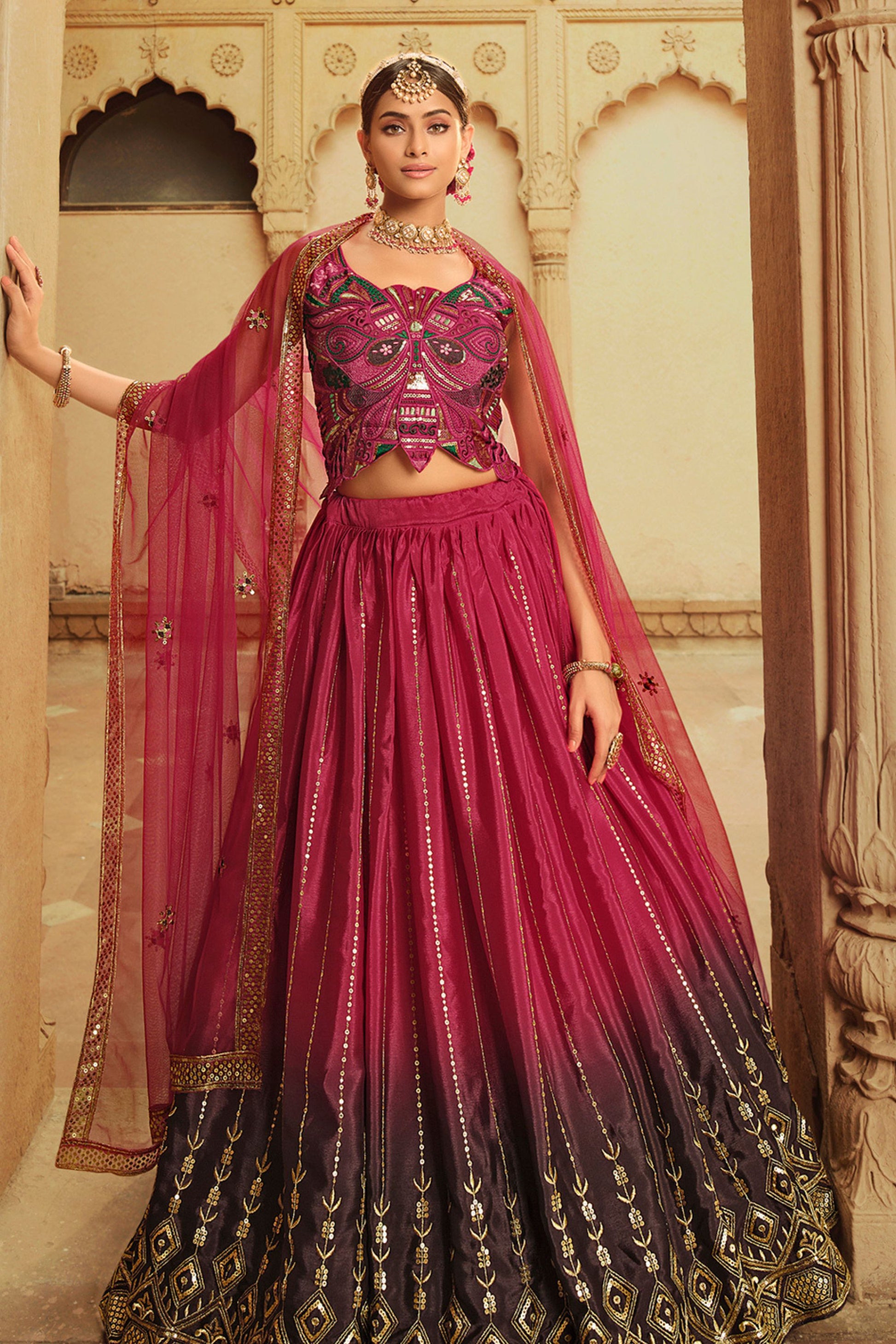 Pink Dual Tone Silk Lehenga Choli For Indian Festivals & Weddings - Sequence Embroidery Work, Thread Embroidery Work,