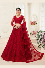 Red Net Lehenga Choli For Indian Festivals & Weddings - Thread Embroidery Work, Codding Embroidery Work, Butta Work, Stone Work