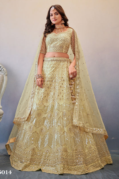 Cream Net Lehenga Choli For Indian Festivals & Wedding - Sequence Embroidery Work