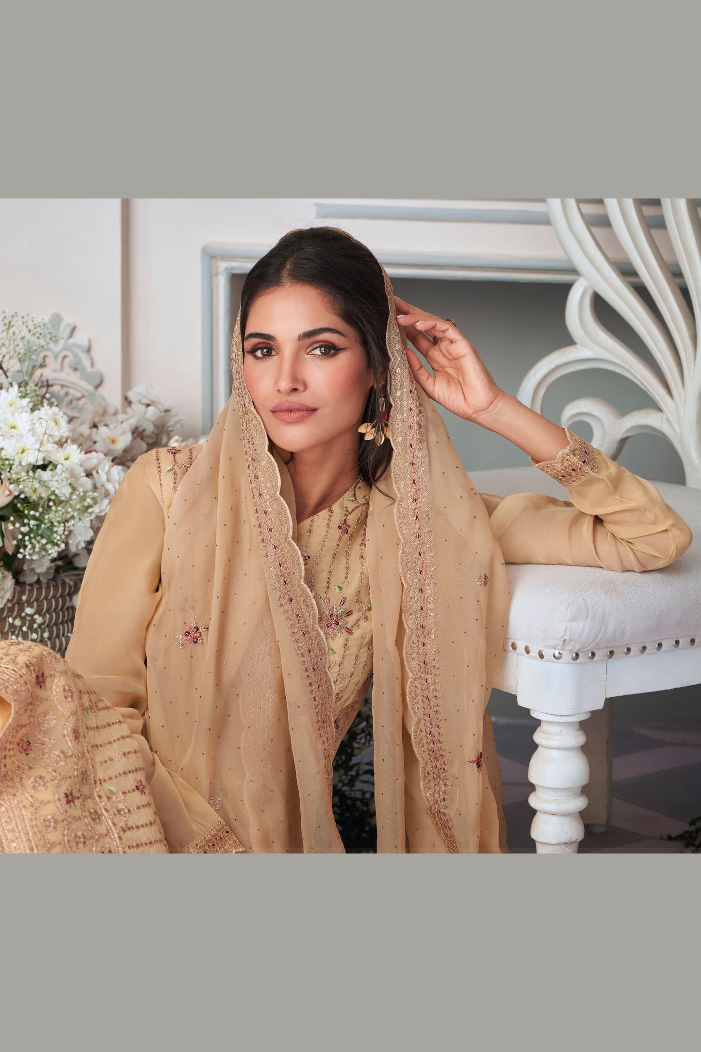 Dark Cream Organza Silk Kameez with Pant For Indian Suit Festivals & Pakistani Weddings - Embroidery Work