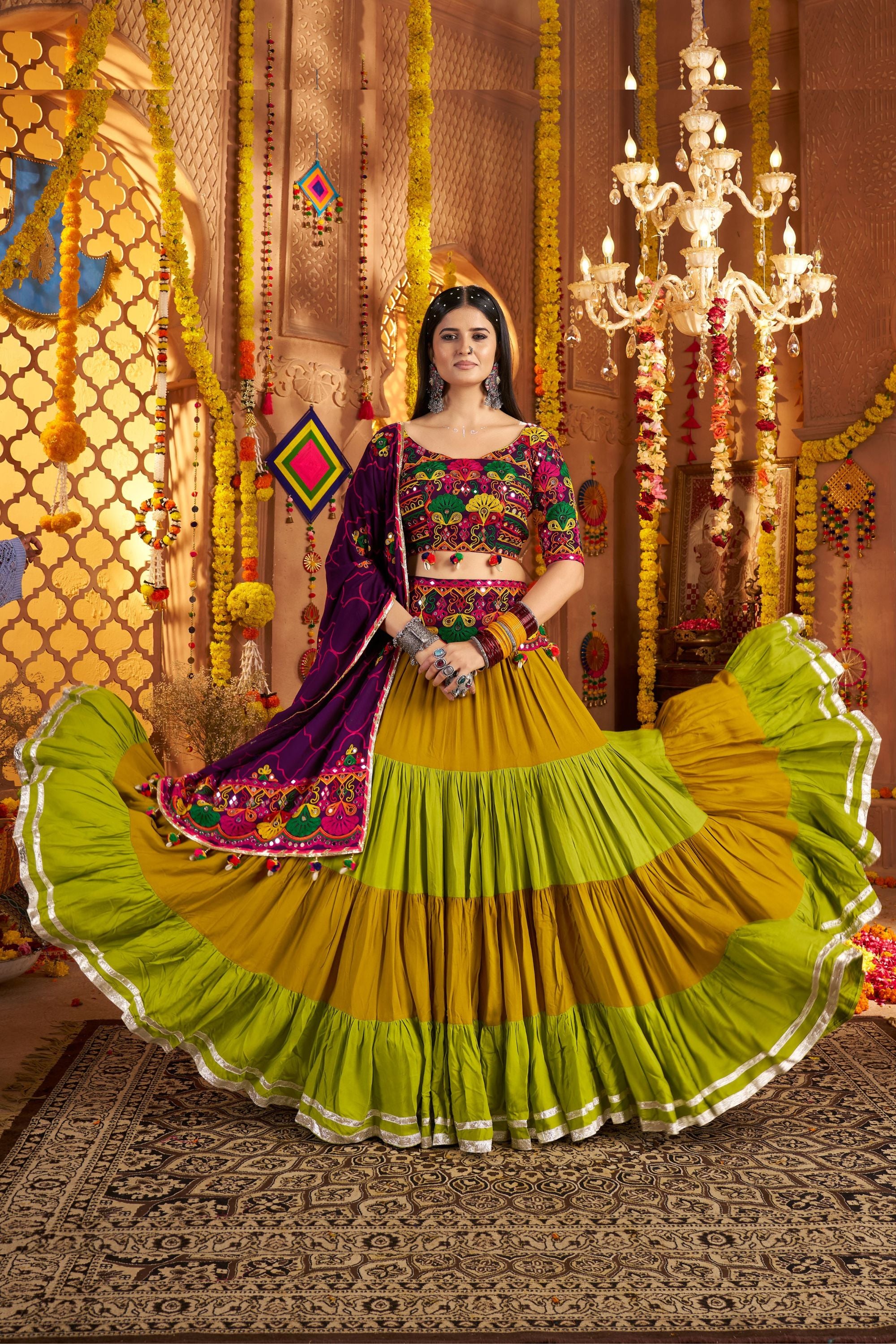 Multicolor Viscose Cotton Chaniya Choli For Indian Navratri Garba Festival 8 Meter Flair - Thread Embroidery Work, Real Mirror Work