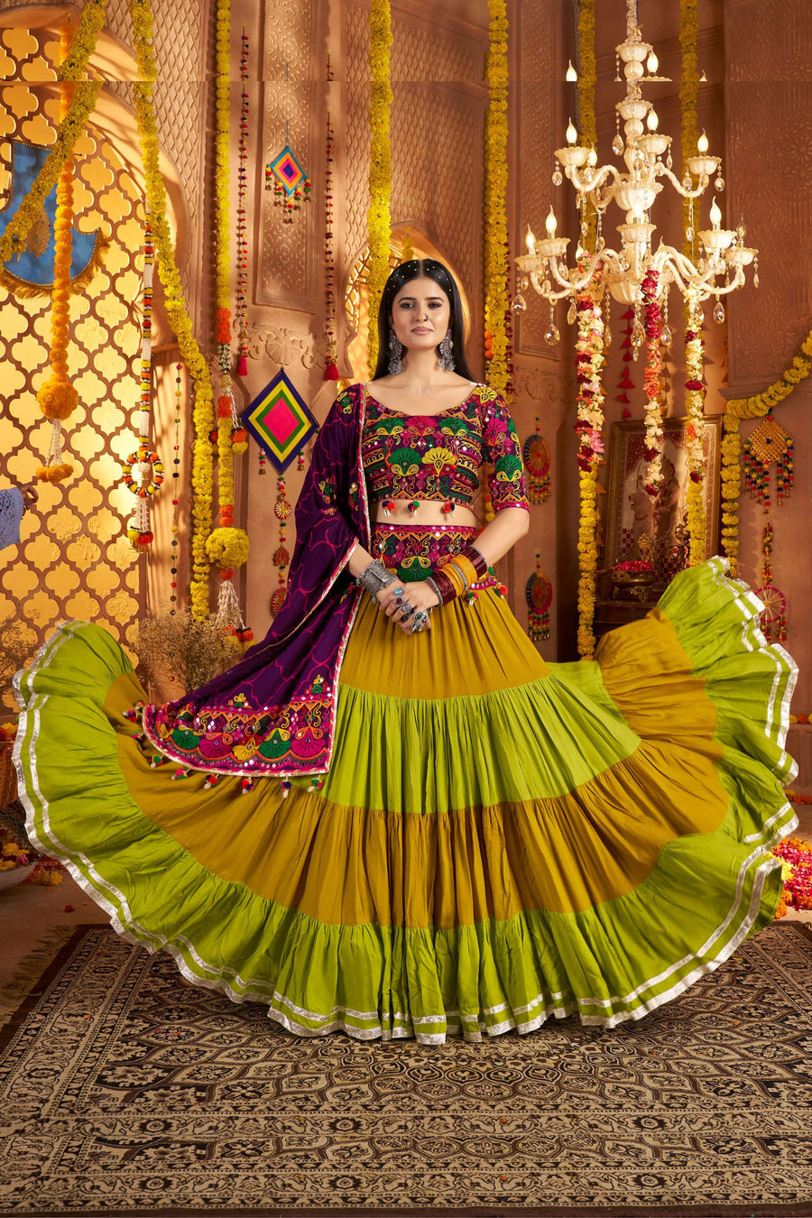 Multicolor Viscose Cotton Chaniya Choli For Indian Navratri Garba Festival 8 Meter Flair - Thread Embroidery Work, Real Mirror Work