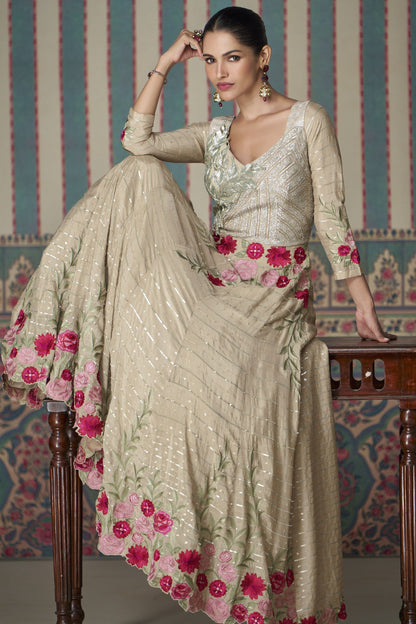 Beige Chinon Silk Full Length Partywear Gown For Festivals & Weddings - Embroidery Work