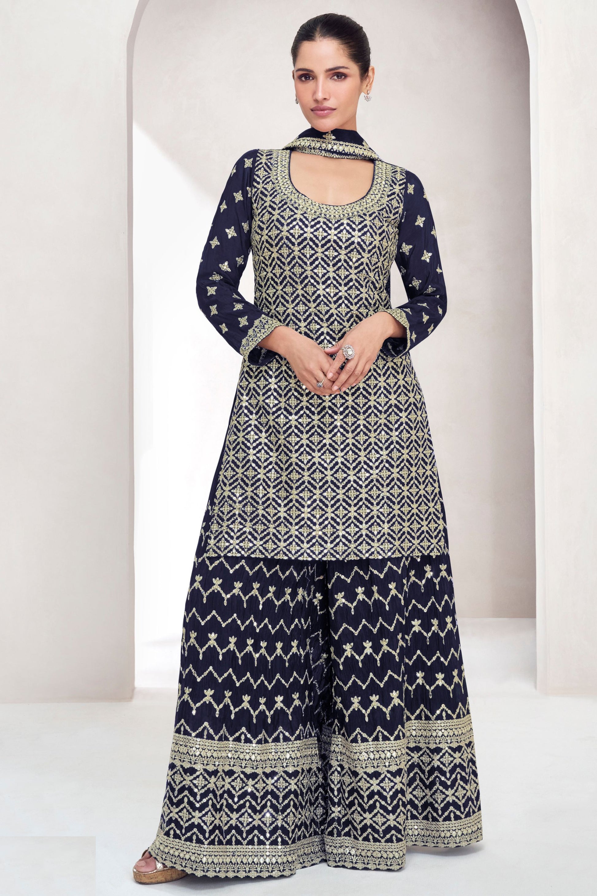 Navy Blue Chinon Silk Plazo Suit For Wedding & Festival - Embroidery Work