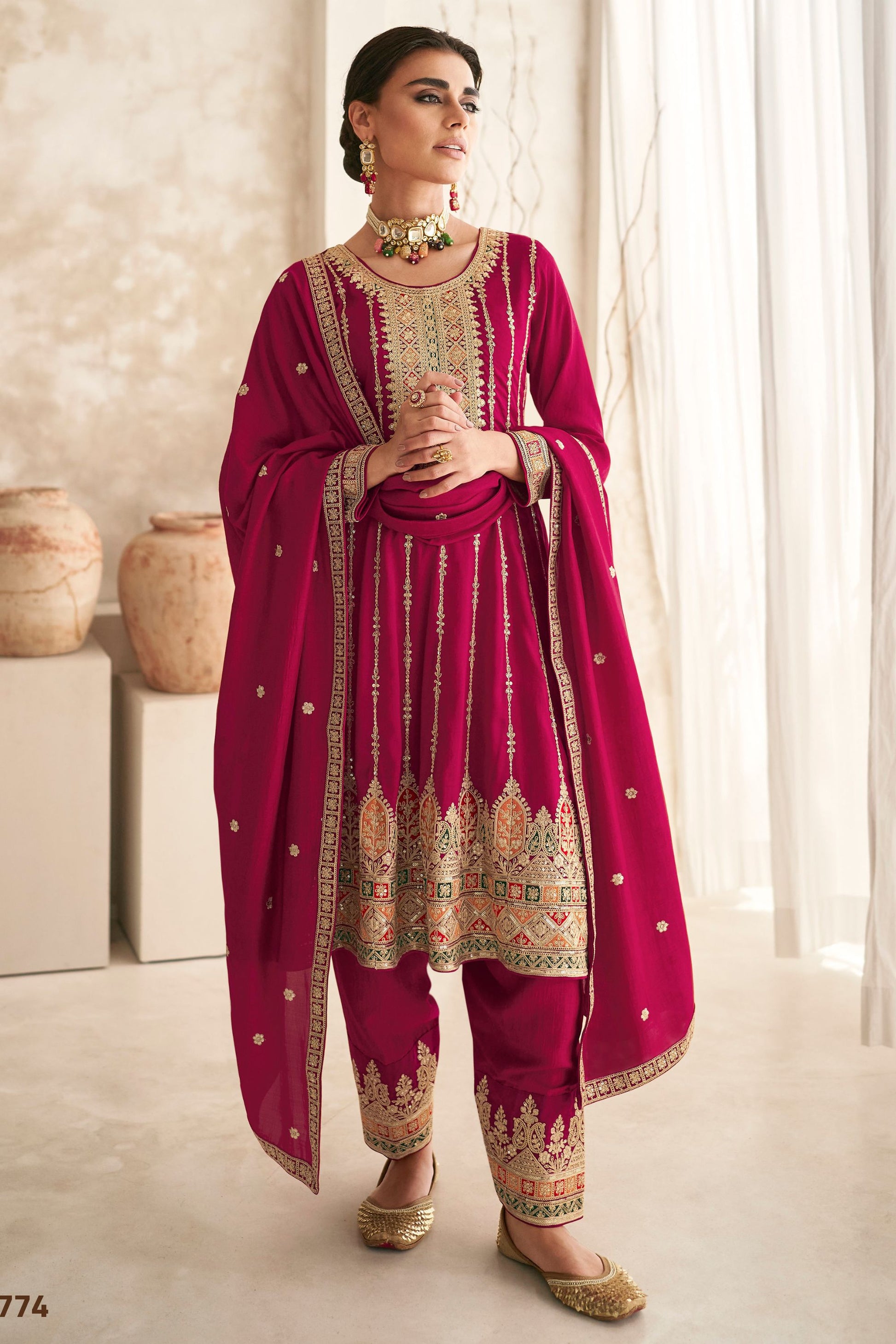 Red Pakistani Silk Salwar Kameez with Pant For Indian Festivals & Weddings - Thread Embroidery Work