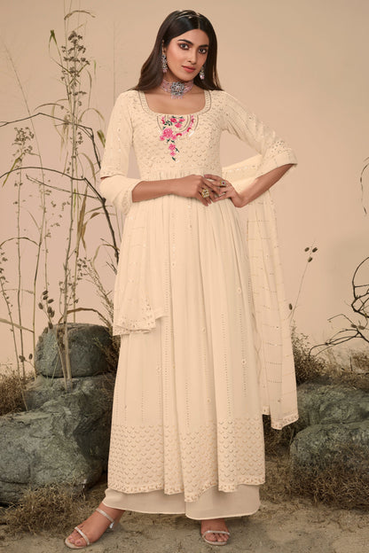 Cream Pakistani Georgette Plazo Suit For Indian Festivals & Weddings - Sequence Embroidery Work, Thread Embroidery Work,