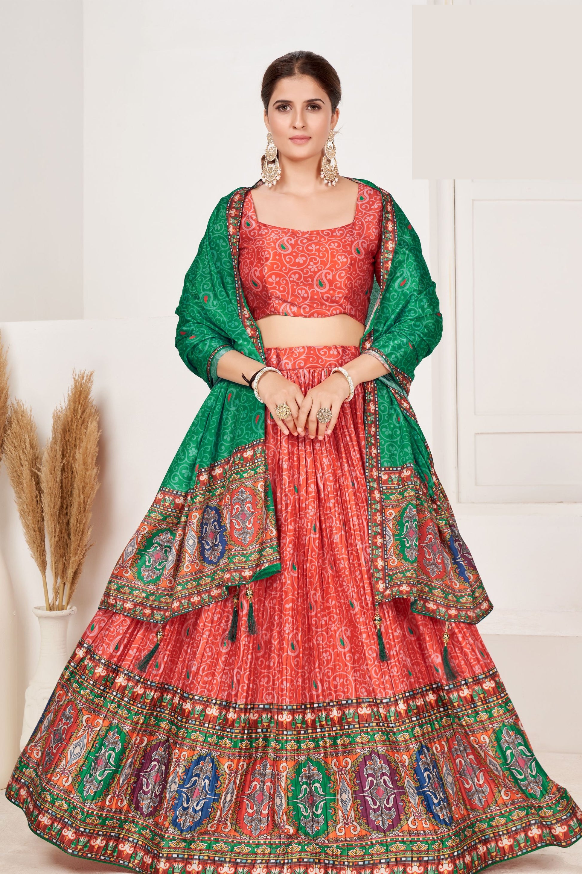 Green Pakistani Crepe Printed Lehenga Choli For Indian Festivals & Weddings - Print Work,