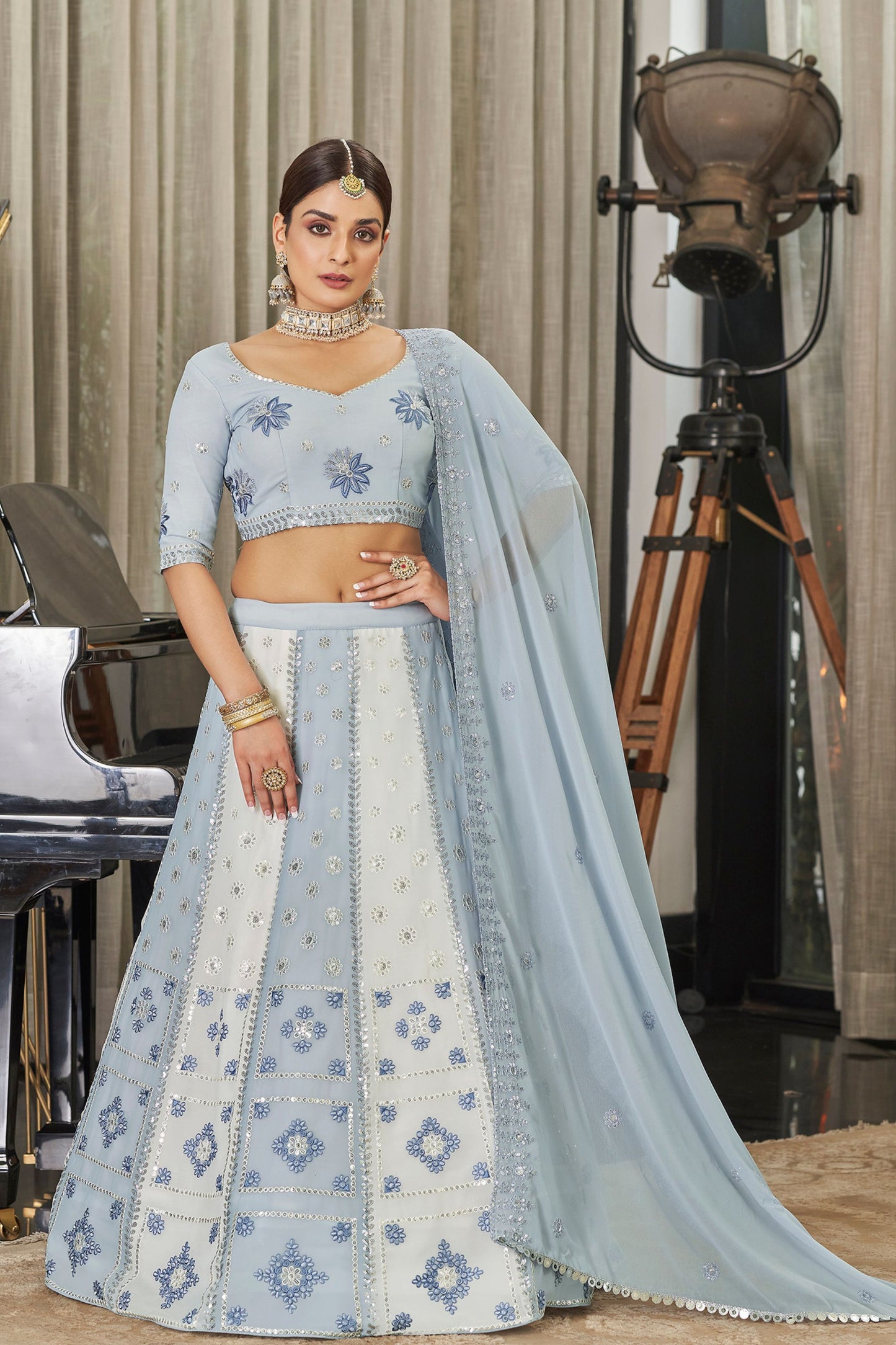 Light Blue Georgette Lehenga Choli For Indian Weddings & Festivals - Thread Work, Sequence Embroidery Work