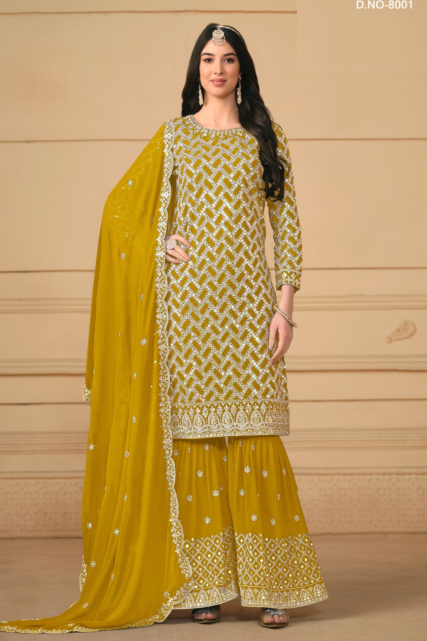 Golden Georgette Sharara Suit Dress For Indian Festivals & Weddings - Embroidery Work