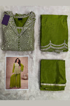Olive Green Chinon Silk Plazo Suit For Indian Weddings & Pakitani Festivals - Embroidery Work