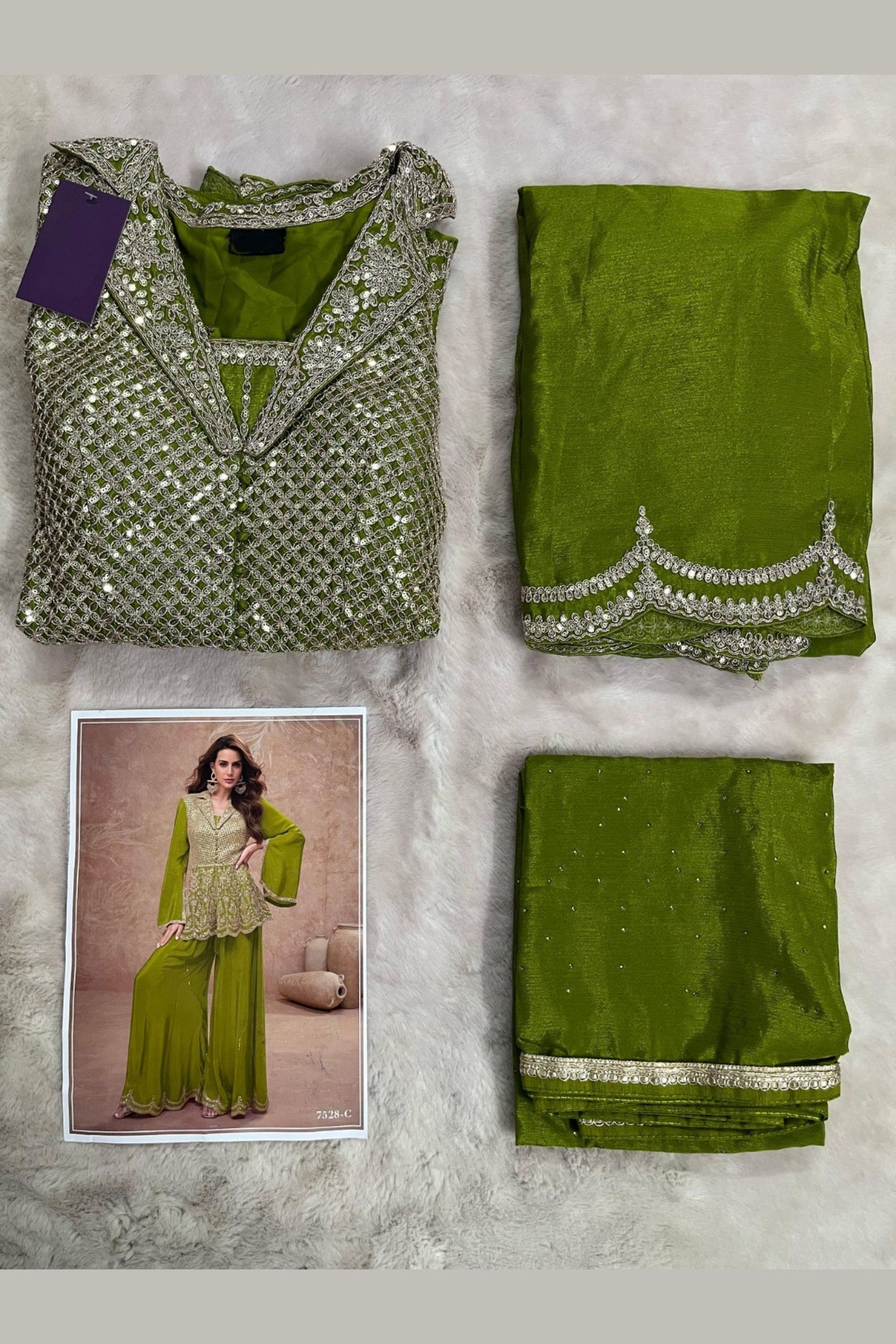 Olive Green Chinon Silk Plazo Suit For Indian Weddings & Pakitani Festivals - Embroidery Work