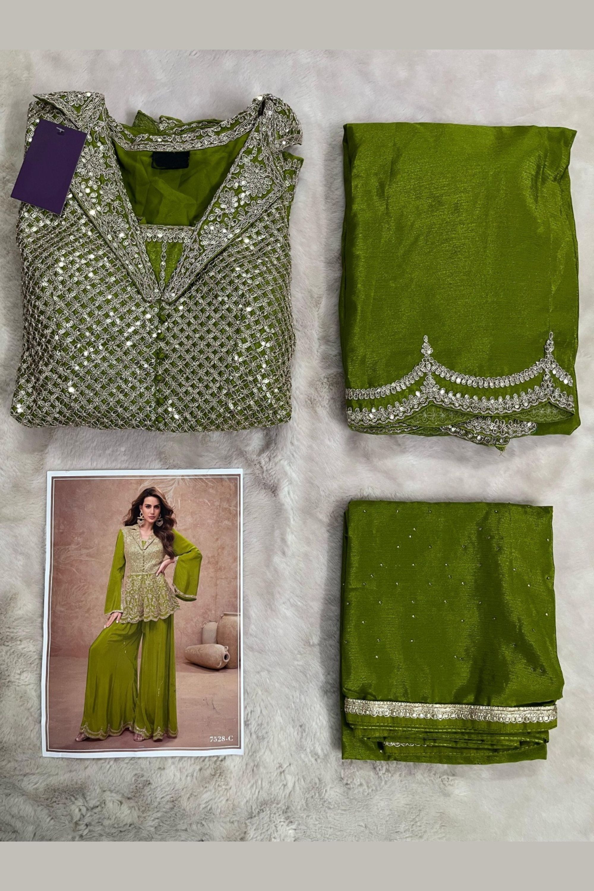 Olive Green Chinon Silk Plazo Suit For Indian Weddings & Pakitani Festivals - Embroidery Work