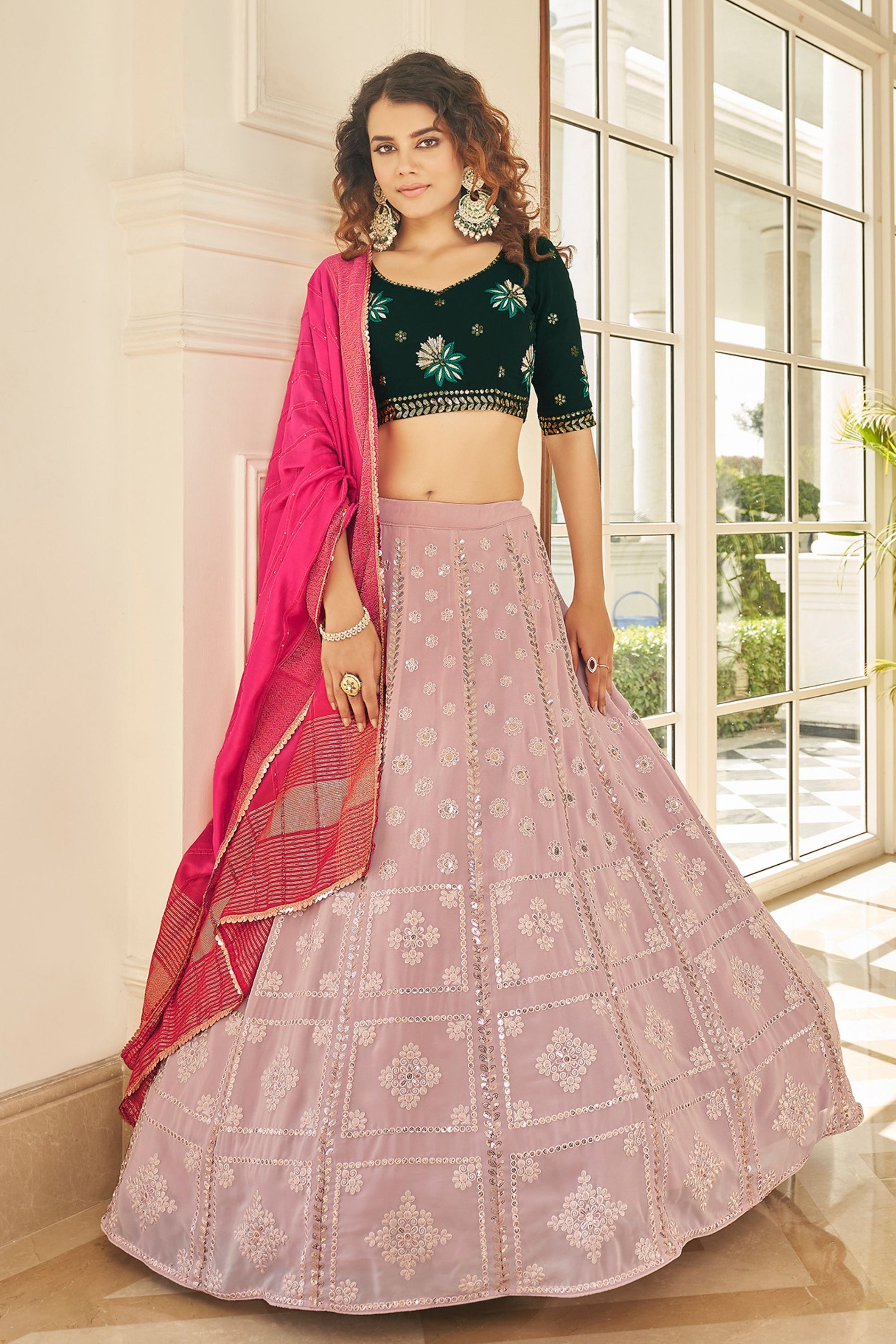 Peach Georgette Lehenga Choli For Indian Weddings & Festivals - Thread Work, Sequence Embroidery Work