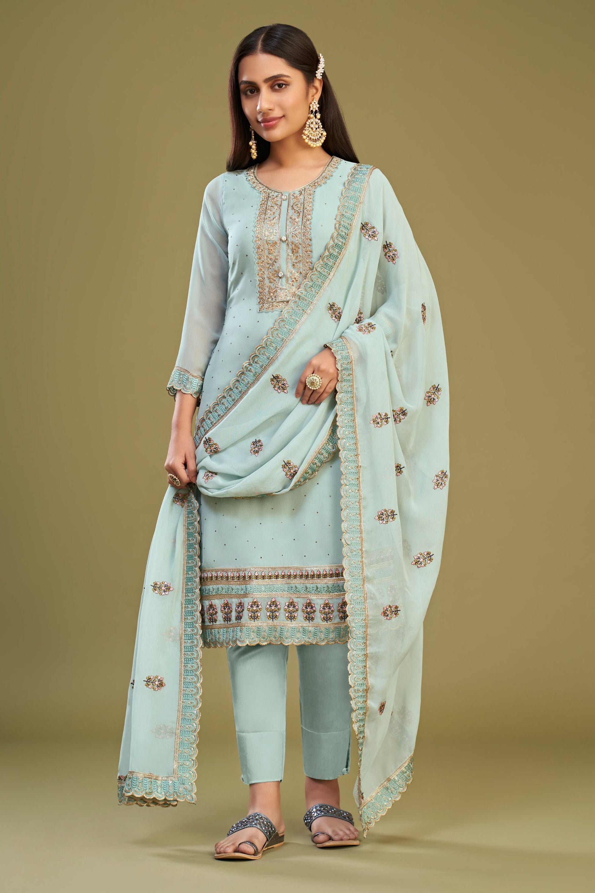 Sky Blue Georgette Plus Size Upto 7XL Size Salwar Kameez For Indian Festivals & Pakistani Weddings - Thread Embroidery Work, Swarovski Work