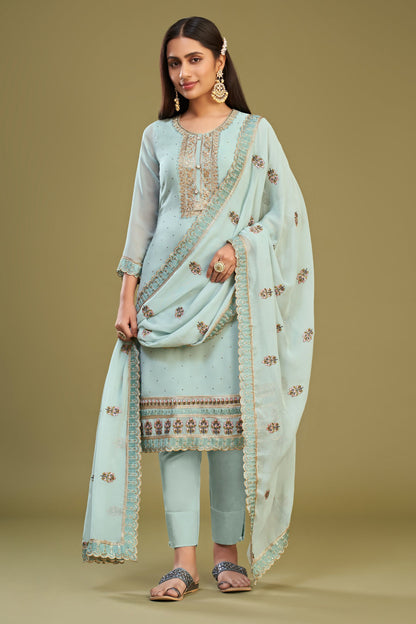 Sky Blue Georgette Plus Size Upto 7XL Size Salwar Kameez For Indian Festivals & Pakistani Weddings - Thread Embroidery Work, Swarovski Work