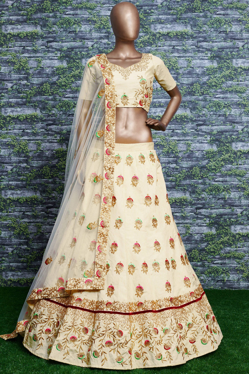 Off White Ghagra Choli for Ladies in Slub Silk with Dori, Zari Work & Sequin