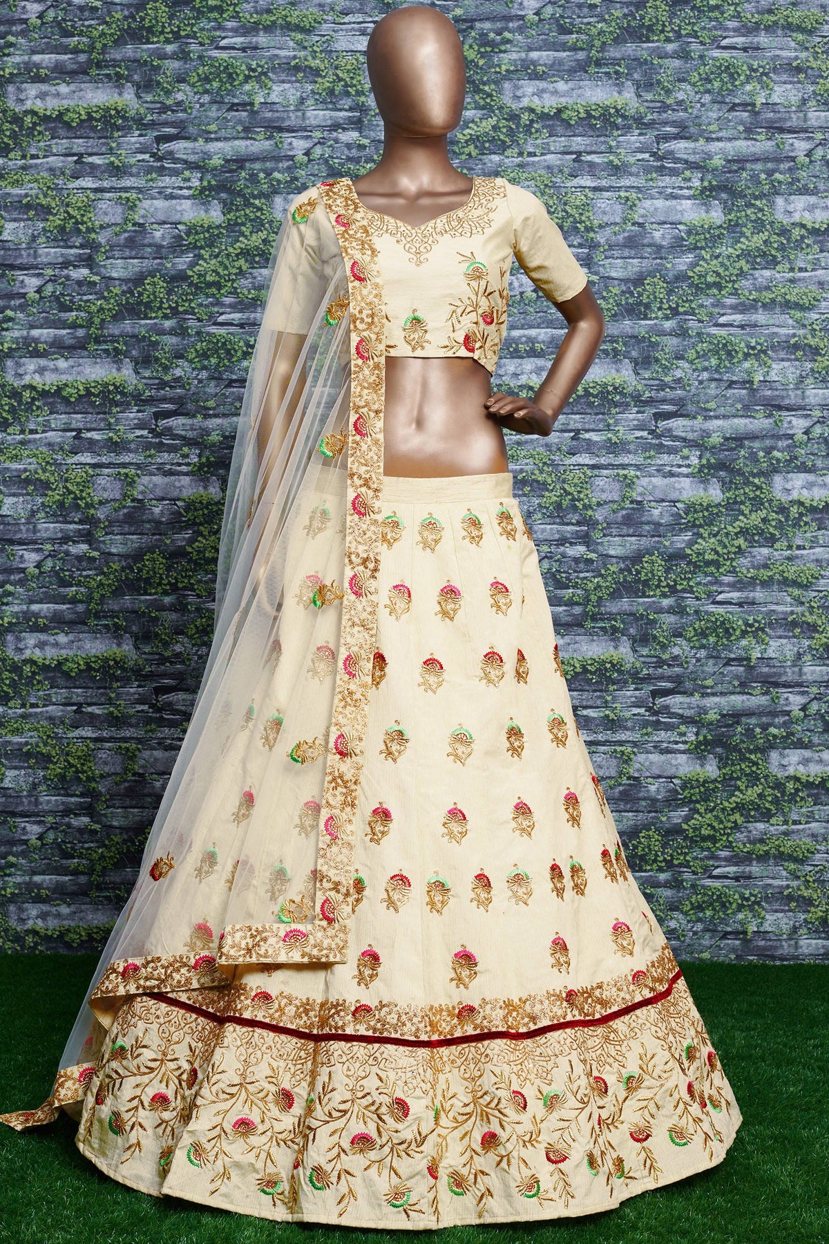 Off White Ghagra Choli for Ladies in Slub Silk with Dori, Zari Work & Sequin