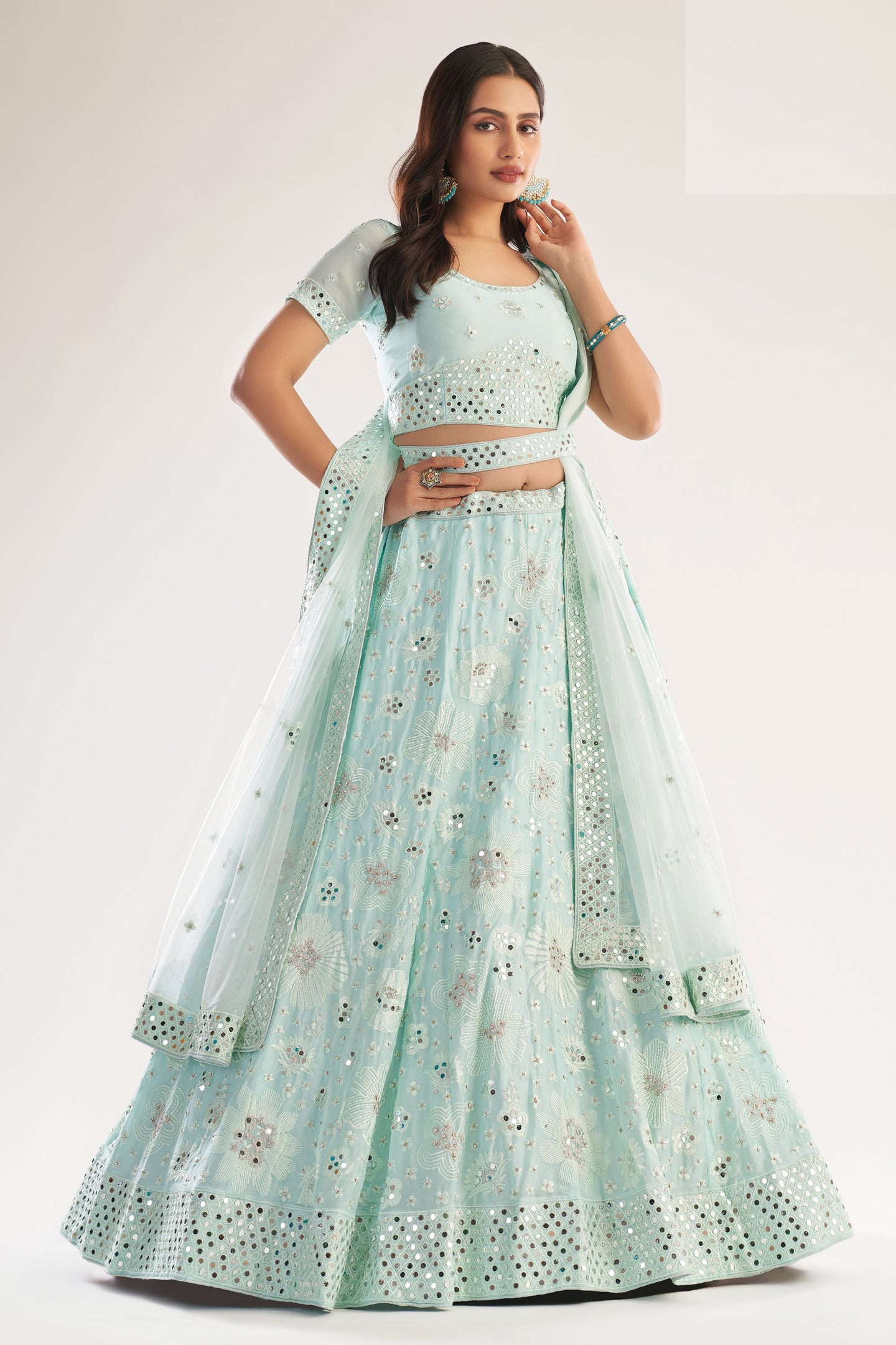 Light Pista Net Lehenga Choli For Indian Festivals & Weddings - Thread Embroidery Work, Mirror Work, Zari Work, Zarkan Work