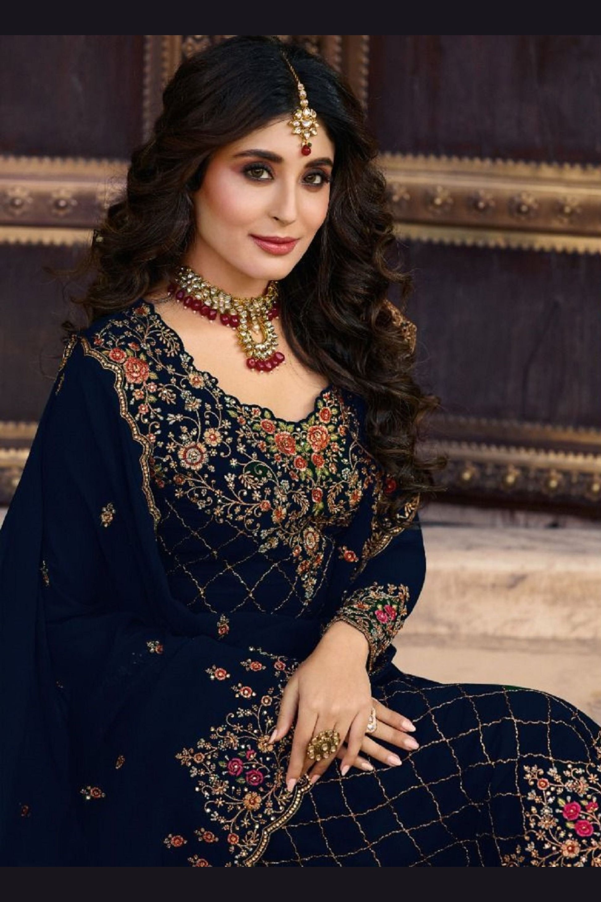 Navy Blue Georgette Kameez with Pant For Indian Suit Festivals & Pakistani Weddings - Embroidery Work, Stone Work