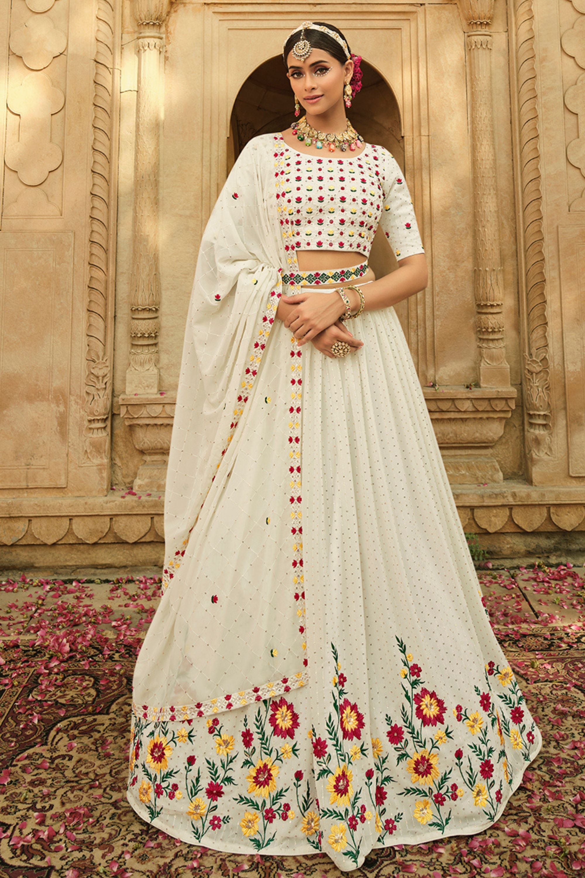 Sky Blue Georgette Floral Embroidered Lehengas Choli For Indian Festivals & Weddings - Thread Work, Sequence Embroidery Work