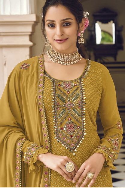 Dusty Yellow Georgette Kameez with Pant For Indian Suit Festivals & Pakistani Weddings - Embroidery Work