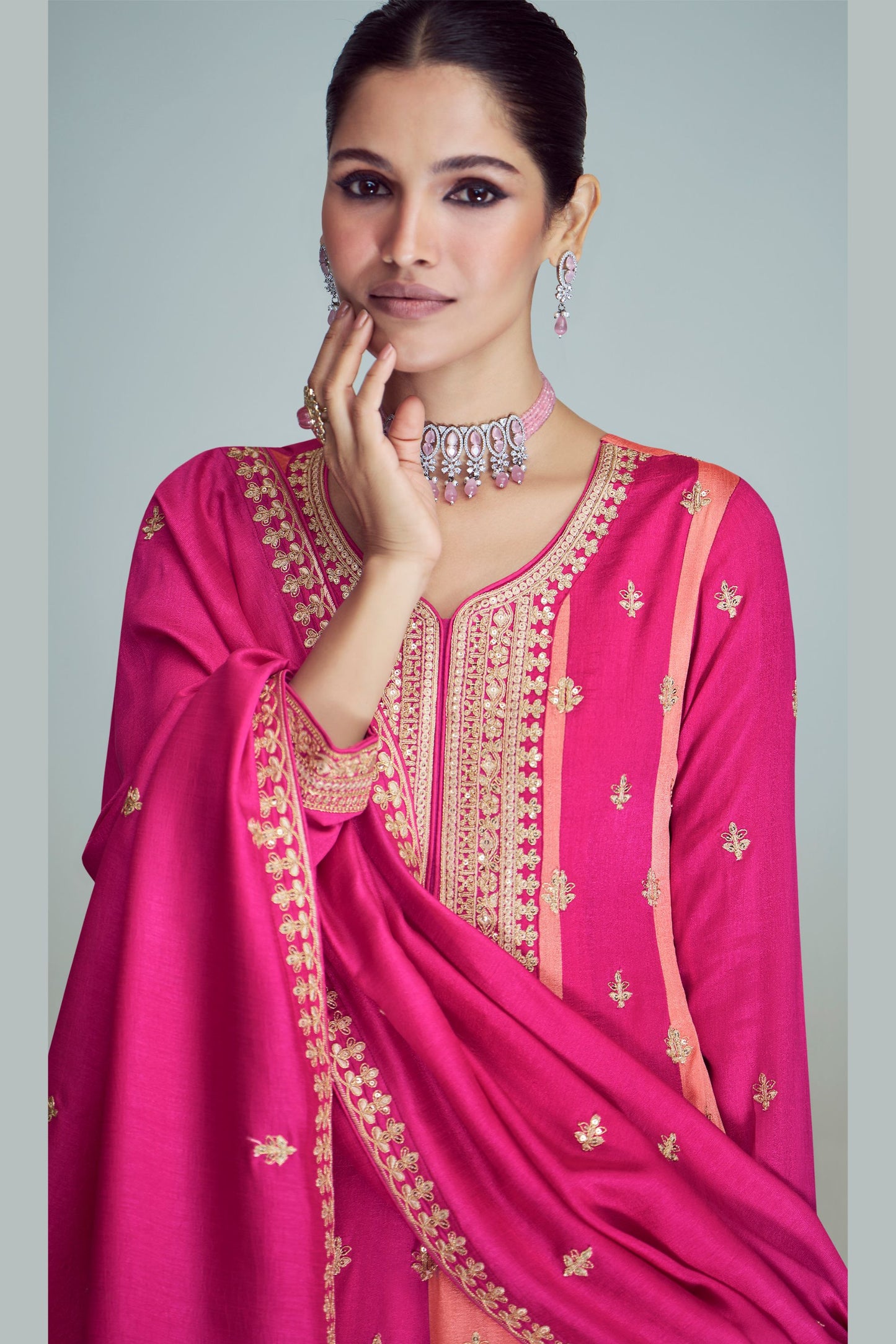 Pink Chinon Silk Kameez with Pant For Indian Festivals & Weddings - Thread Embroidery Work