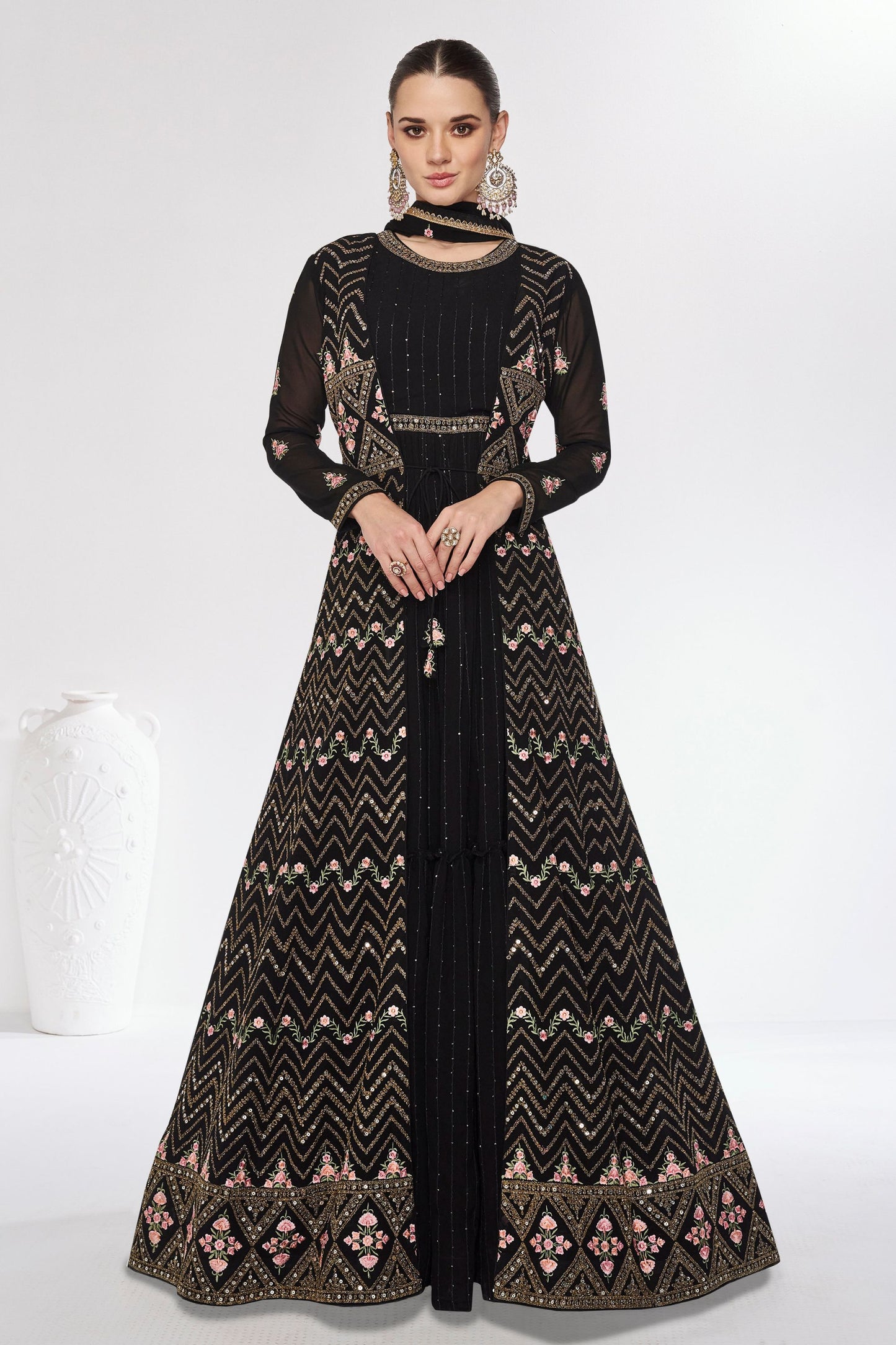 Black Silk Georgette Floor Full Length Anarkali Gown For Indian Festivals & Weddings - Embroidery Work