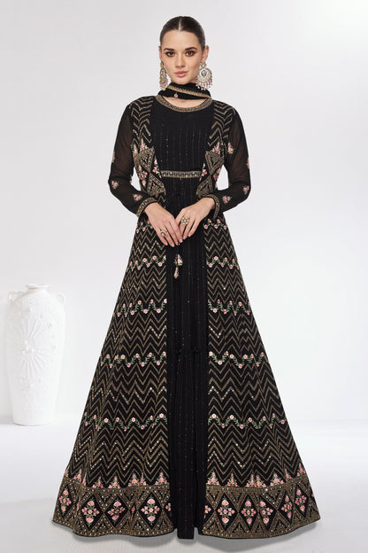 Black Silk Georgette Floor Full Length Anarkali Gown For Indian Festivals & Weddings - Embroidery Work