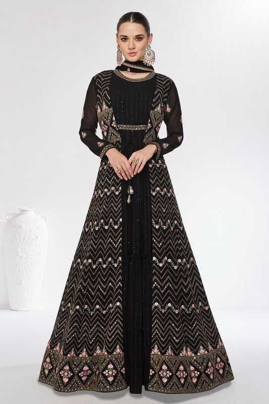 Black Silk Georgette Floor Full Length Anarkali Gown For Indian Festivals & Weddings - Embroidery Work