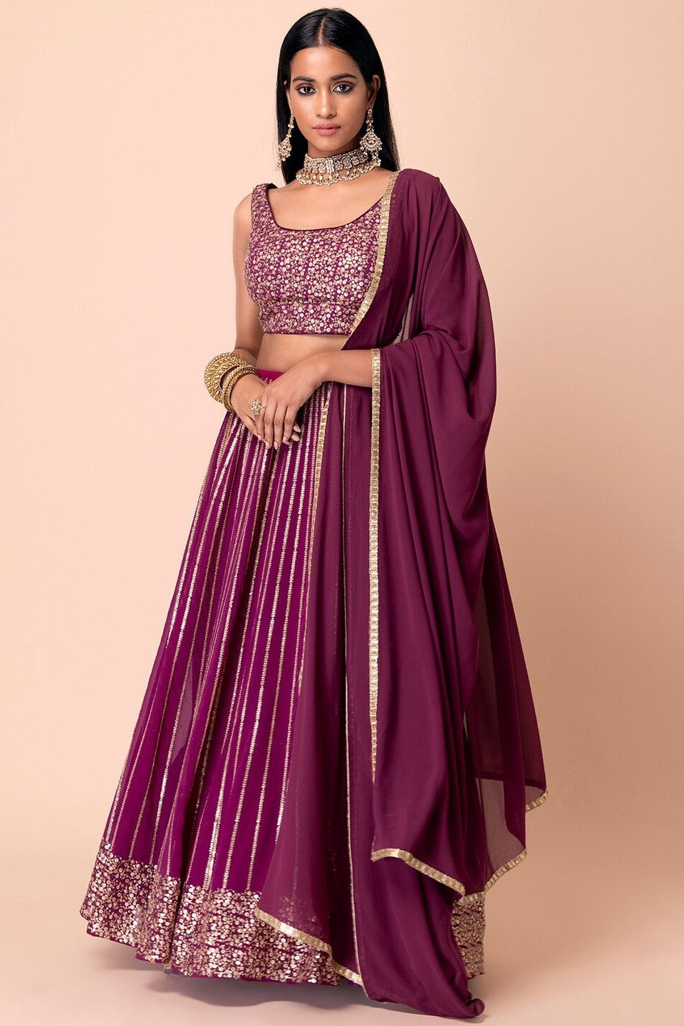 Wine Georgette Lehenga Choli For Indian Festivals & Pakistani Weddings Dress - Sequence Embroidery Work, Zari Work