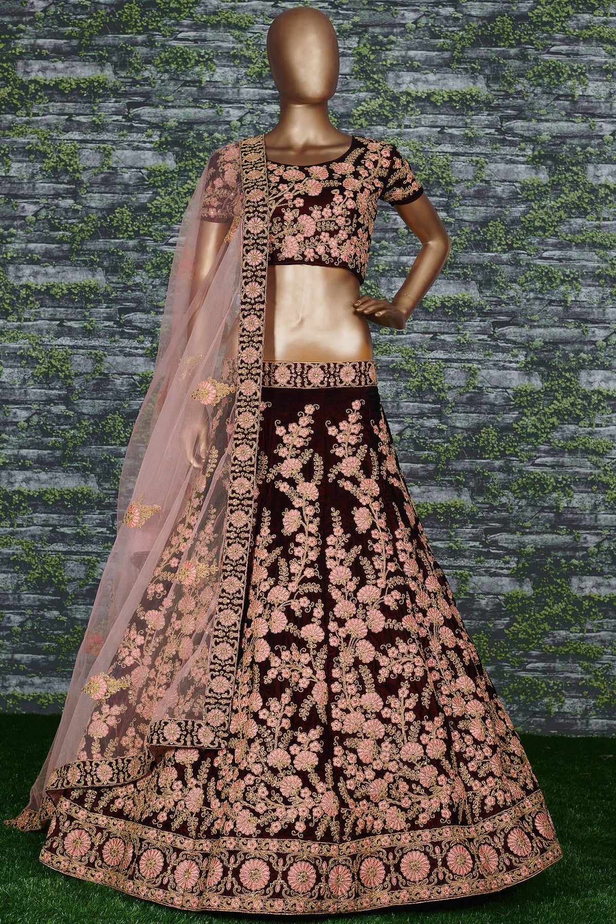 Maroon Velvet Lehenga Choli For Indian & Pakistani Wedding Festival - Sequins & Thread Embroidery Work, Dori Work