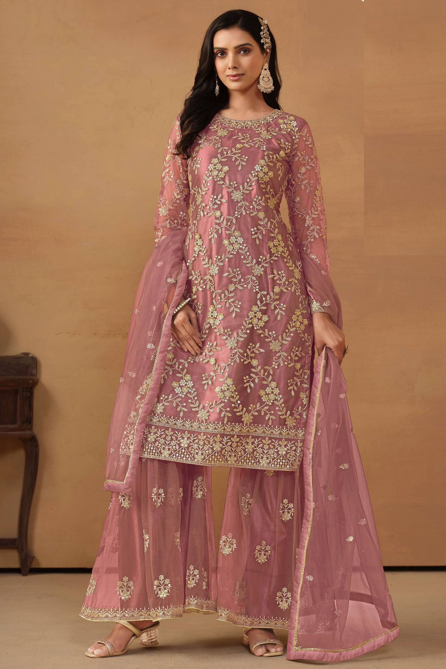 Pink Net Sharara Suit Dress For Indian Festivals & Weddings - Thread & Sequence Embroidery Work