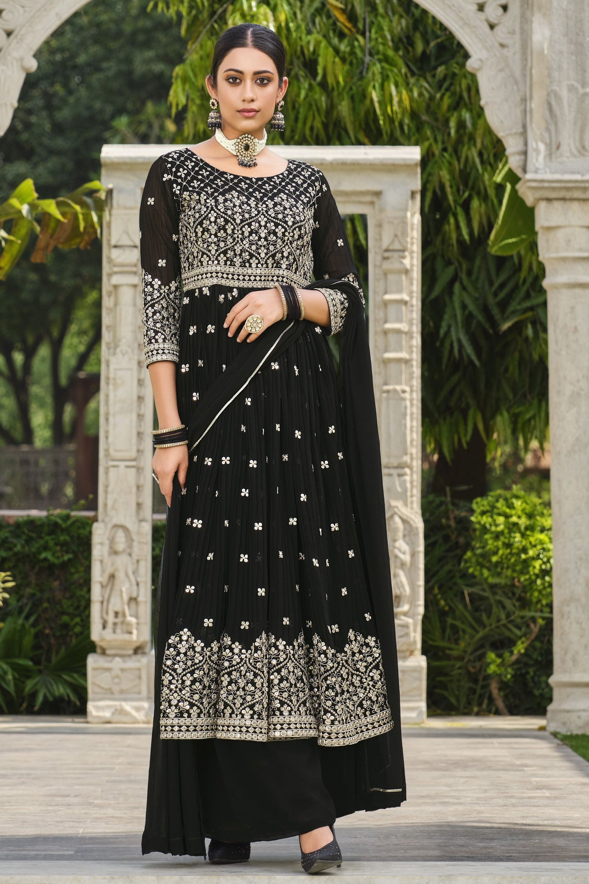 Black Pakistani Georgette Anarkali Gown For Indian Festivals & Weddings - Sequence Embroidery Work,