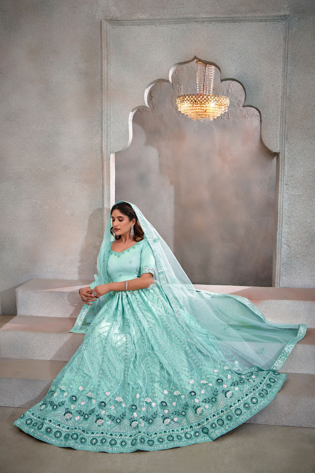 Cyan Net Lehenga Choli For Indian Festival & Weddings - Thread Embroidery Work, Sequence Embroidery Work