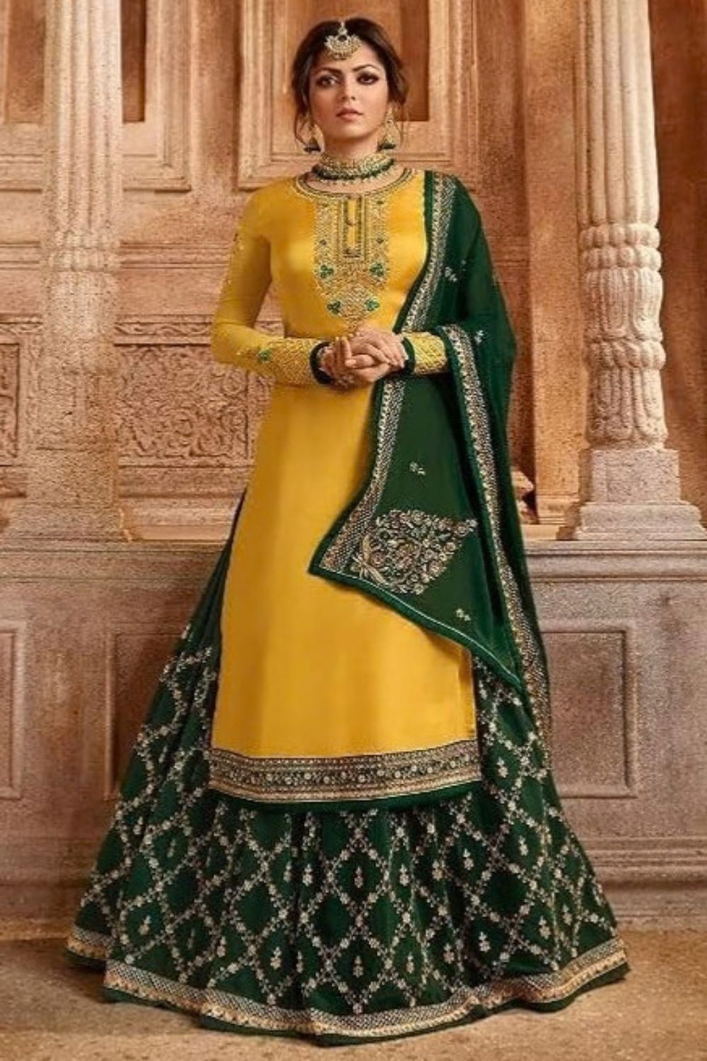 A full-length portrait shows a woman in an ornate yellow and green skirt and dupatta, offering inspiration for haldi outfits for women