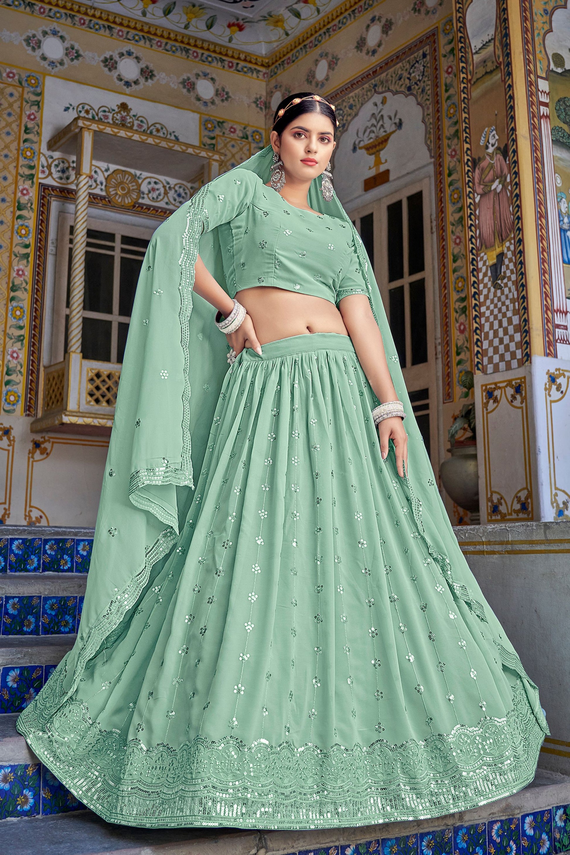 Pista Georgette Lehenga Choli Set For Indian Festivals & Weddings - Thread Work & Sequence Embroidery Work