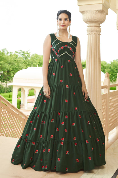 Olive Pakistani Georgette Anarkali Gown For Indian Festivals & Weddings - Print Work, Sequence Embroidery Work,