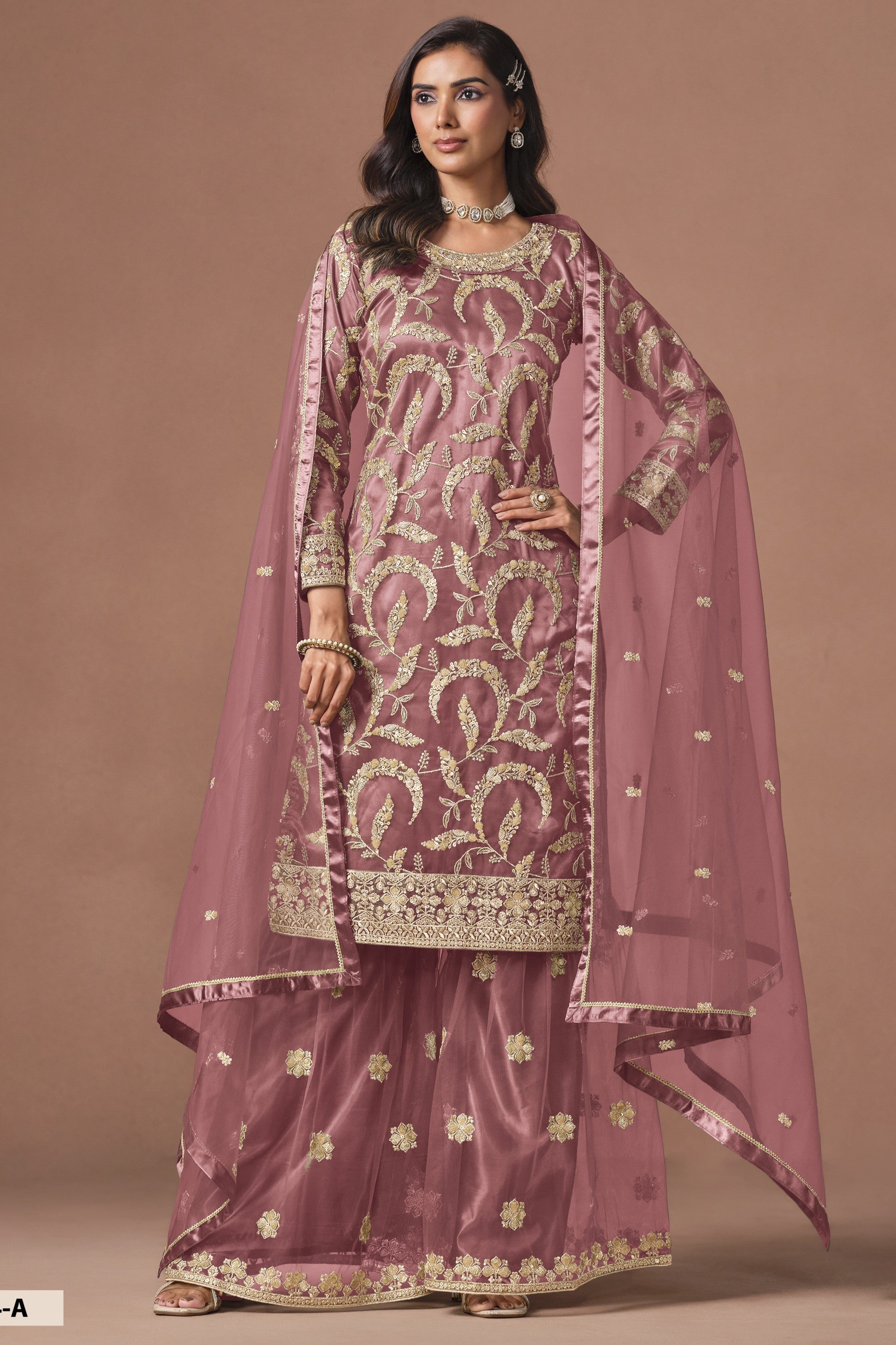 Dusty Pink Sharara Suit - Sangeet Outfits for Women with Embroidery