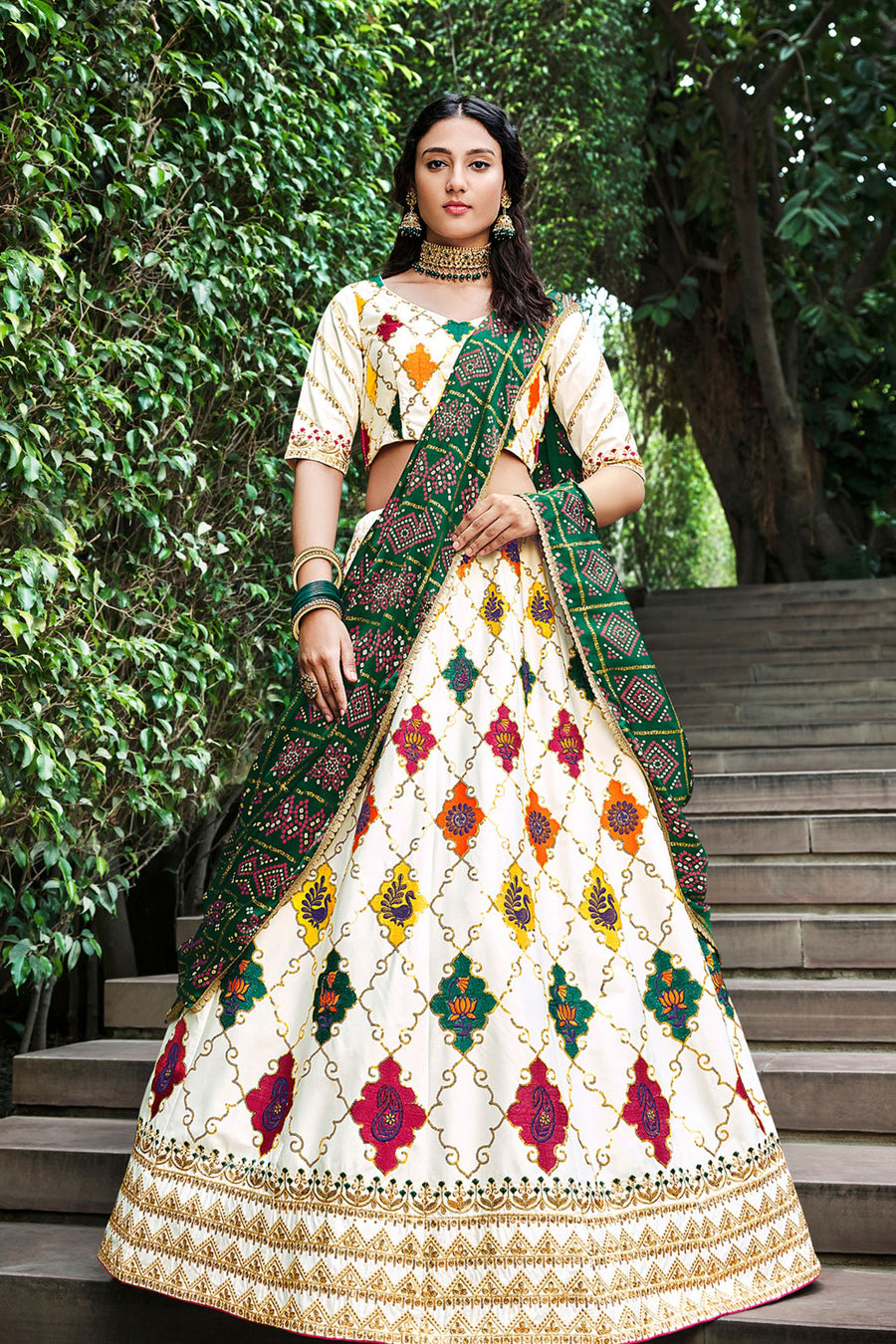 White Silk Lehenga Choli For Indian Festivals & Weddings - Sequence Embroidery Work, Thread Work, Print Work