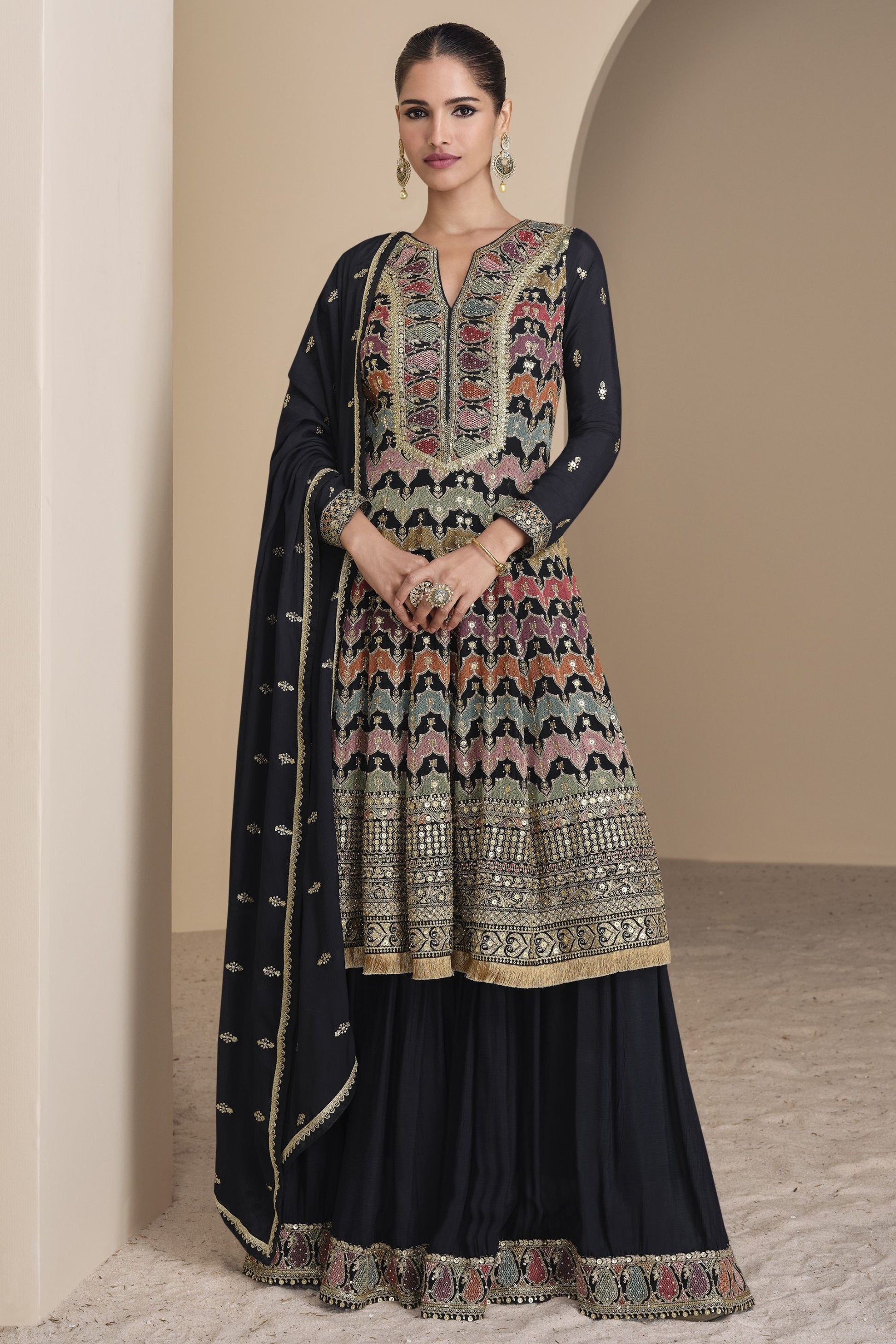 Black Georgette Palazzo Suit Dress For Indian Festivals & Pakistani Weddings - Embroidery Work, Swarovski Work