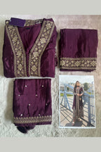 Wine Chinon Silk Front Slit Anarkali With Pent For Indian & Pakistani Wedding Festival - Sequins & Thread Embroidery Work