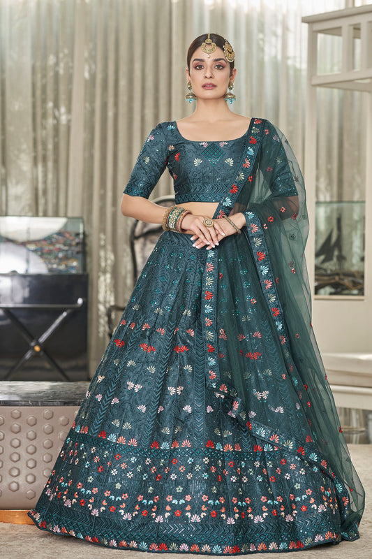 Teal Silk Lehenga Choli For Indian Weddings & Festivals - Thread Embroidery Work, Sequence Embroidery Work
