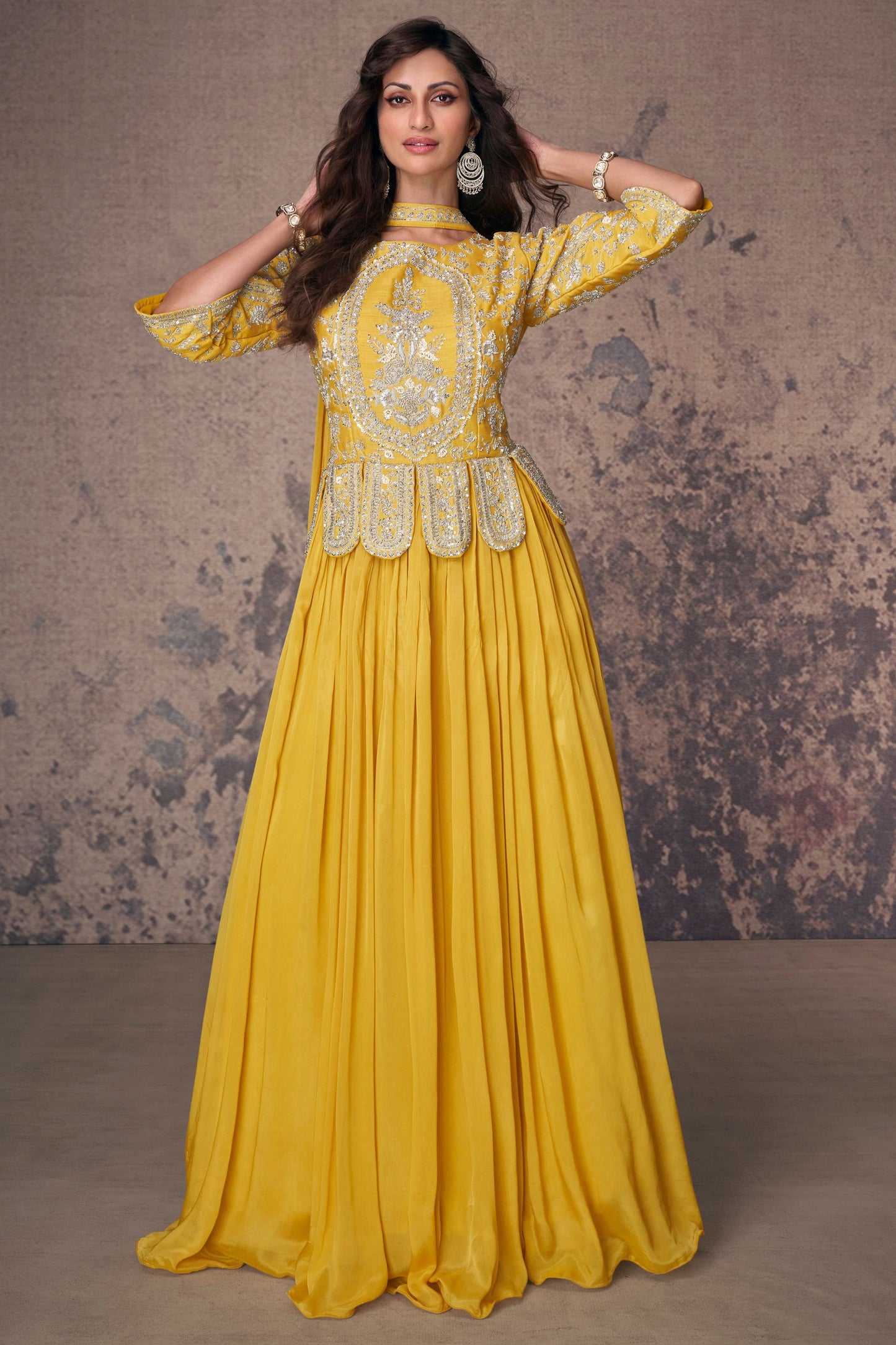 Yellow Chinon Silk Anarkali Gown For Indian Festivals & Weddings - Embroidery Work