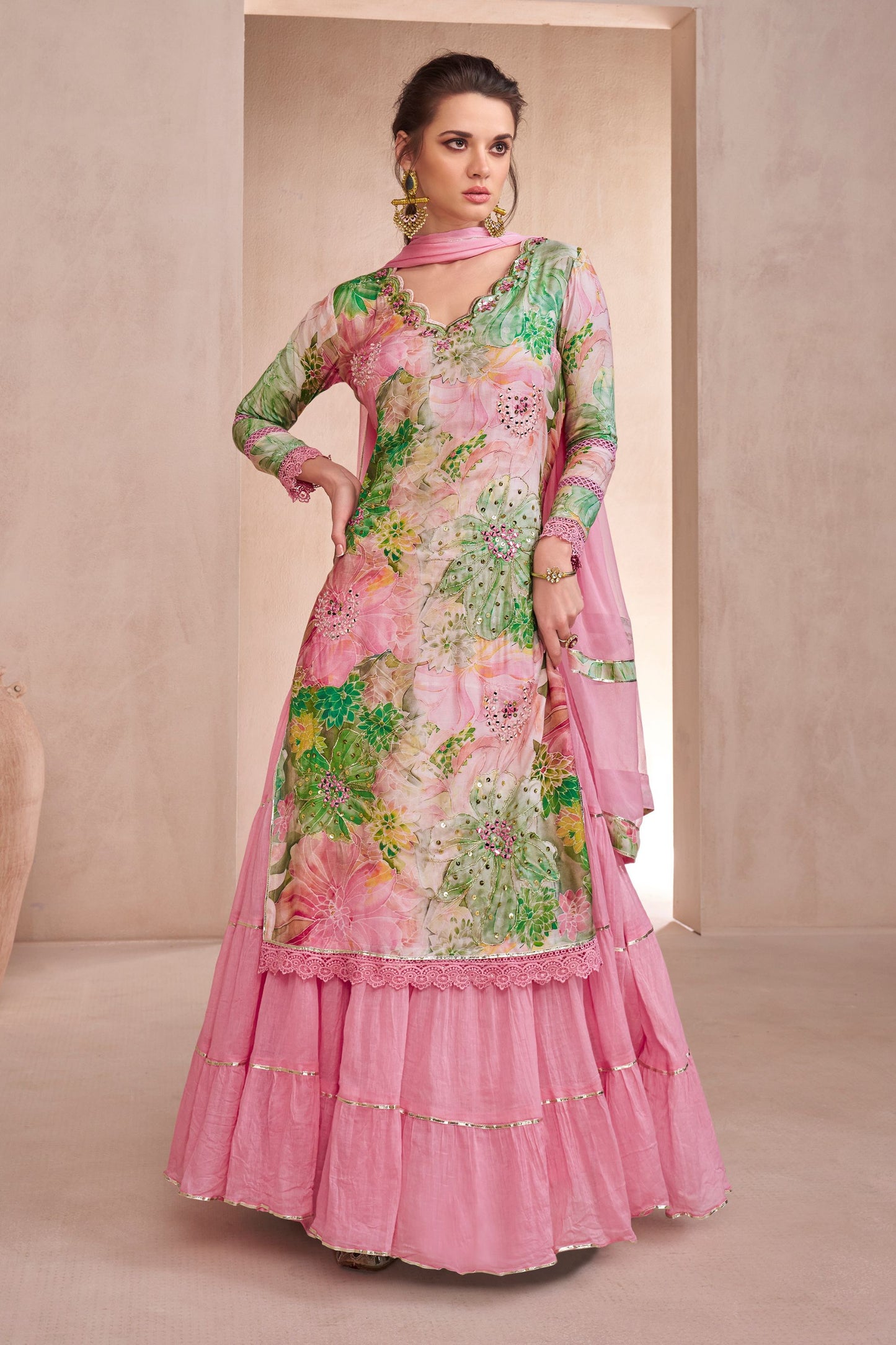 Baby Pink Muslin Silk Long Kameez Suit with Skirt For Indian Festivals & Weddings - Hand Embellishment Work