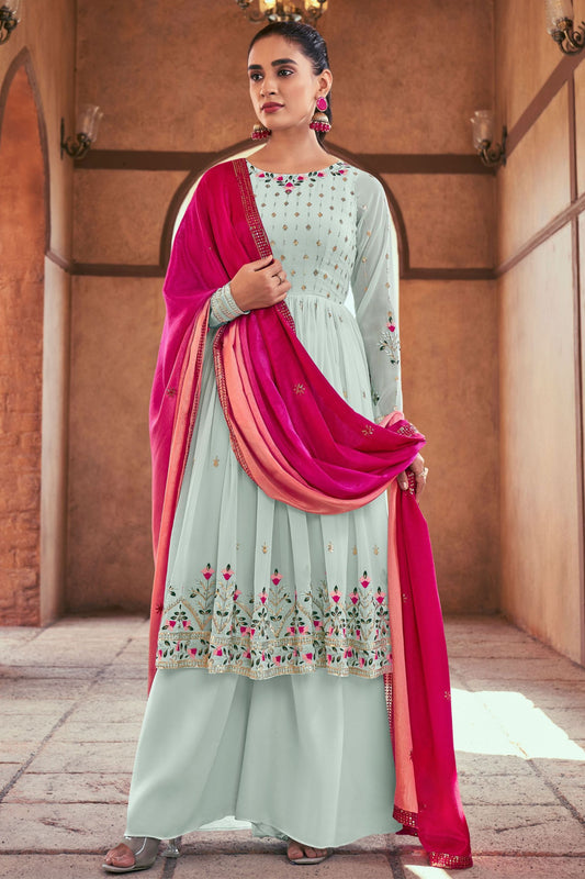 Sky Blue Pakistani Georgette Plazo For Indian Festivals & Weddings - Sequence Embroidery Work, Thread Embroidery Work,