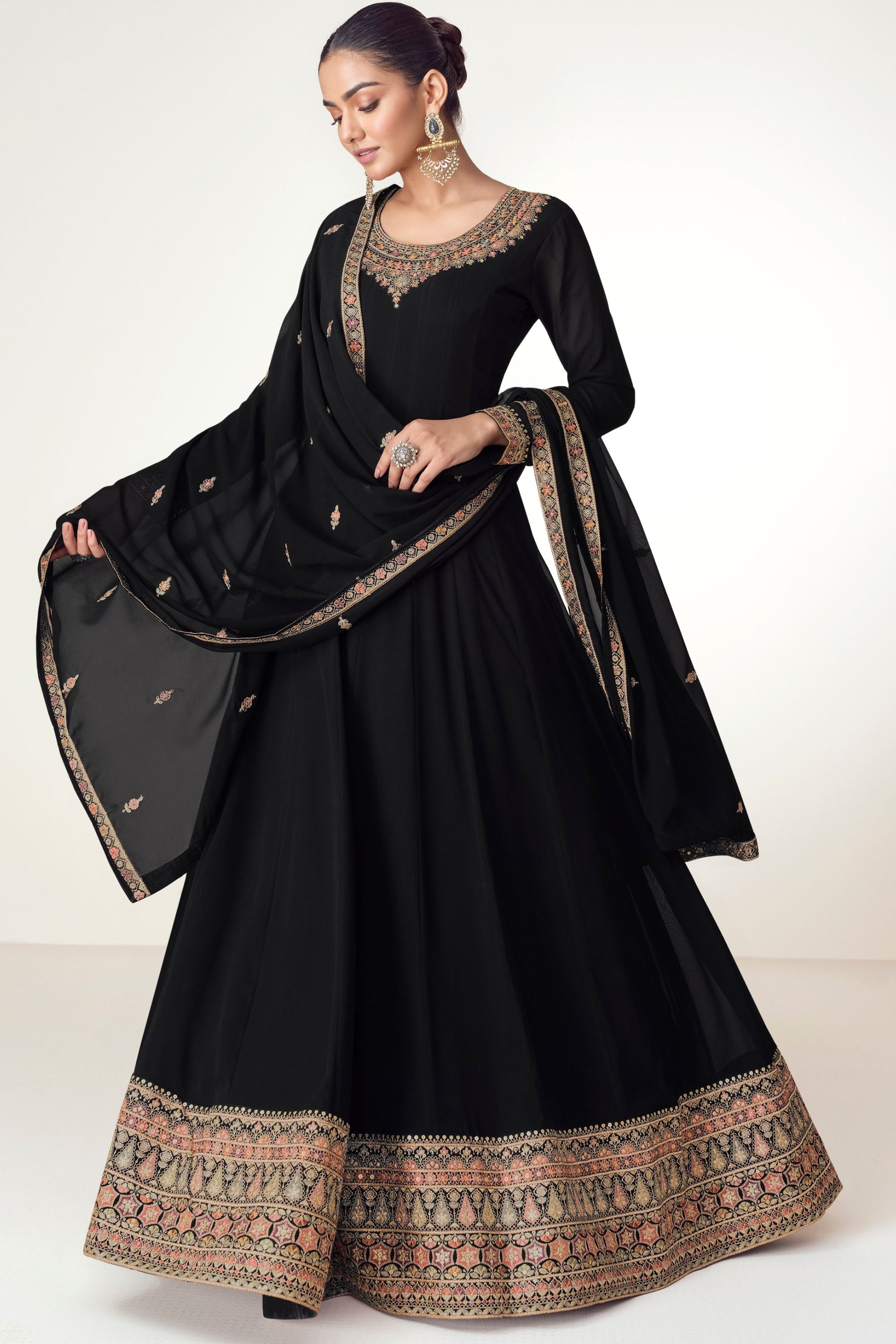 Black Georgette Floor Full Length Anarkali Gown For Indian Festival & Wedding - Embroidery Work