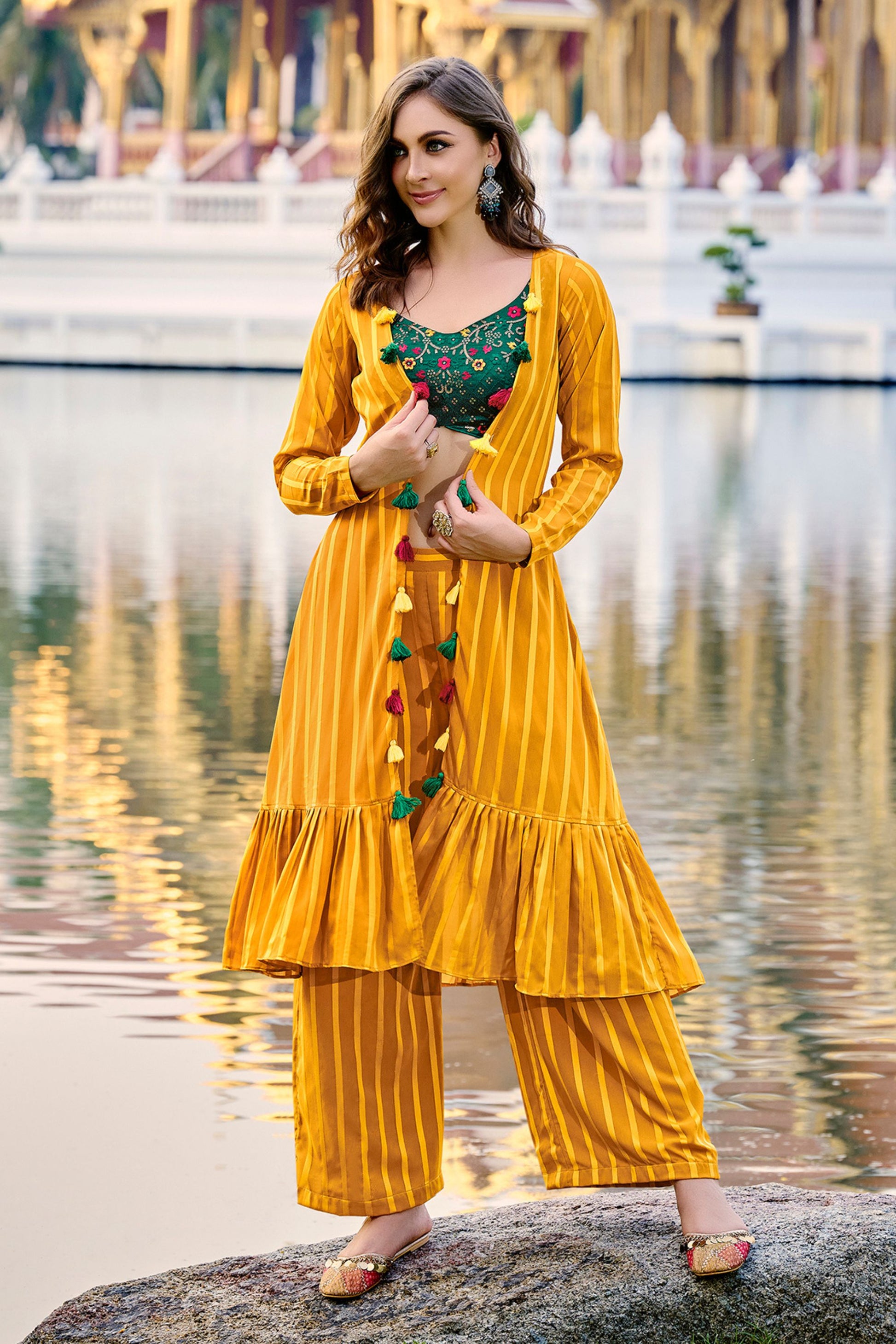 Yellow Pakistani Georgette Plazo For Indian Festivals & Weddings - Thread Embroidery Work,