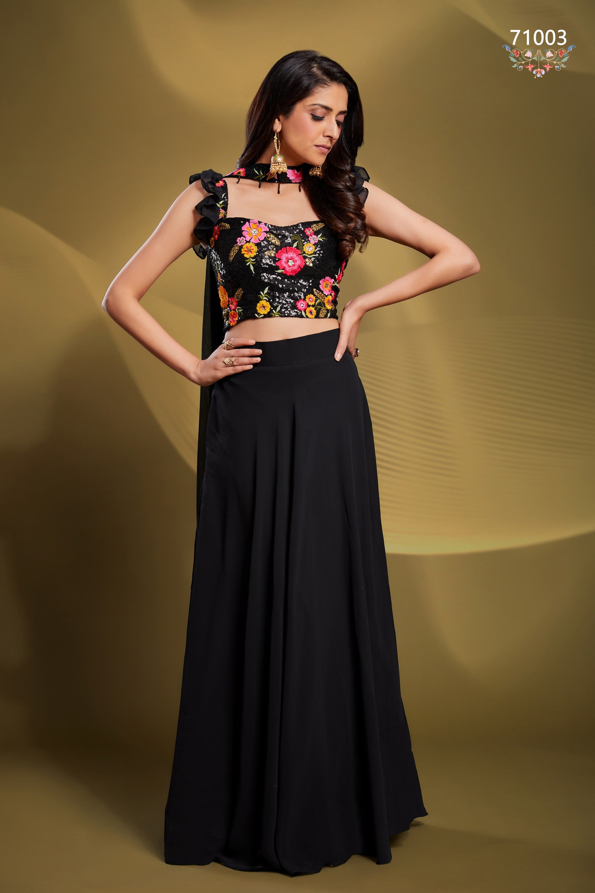 Black Pakistani Georgette Lehenga Choli For Indian Festivals & Weddings - Sequence Embroidery Work, Thread Embroidery Work,